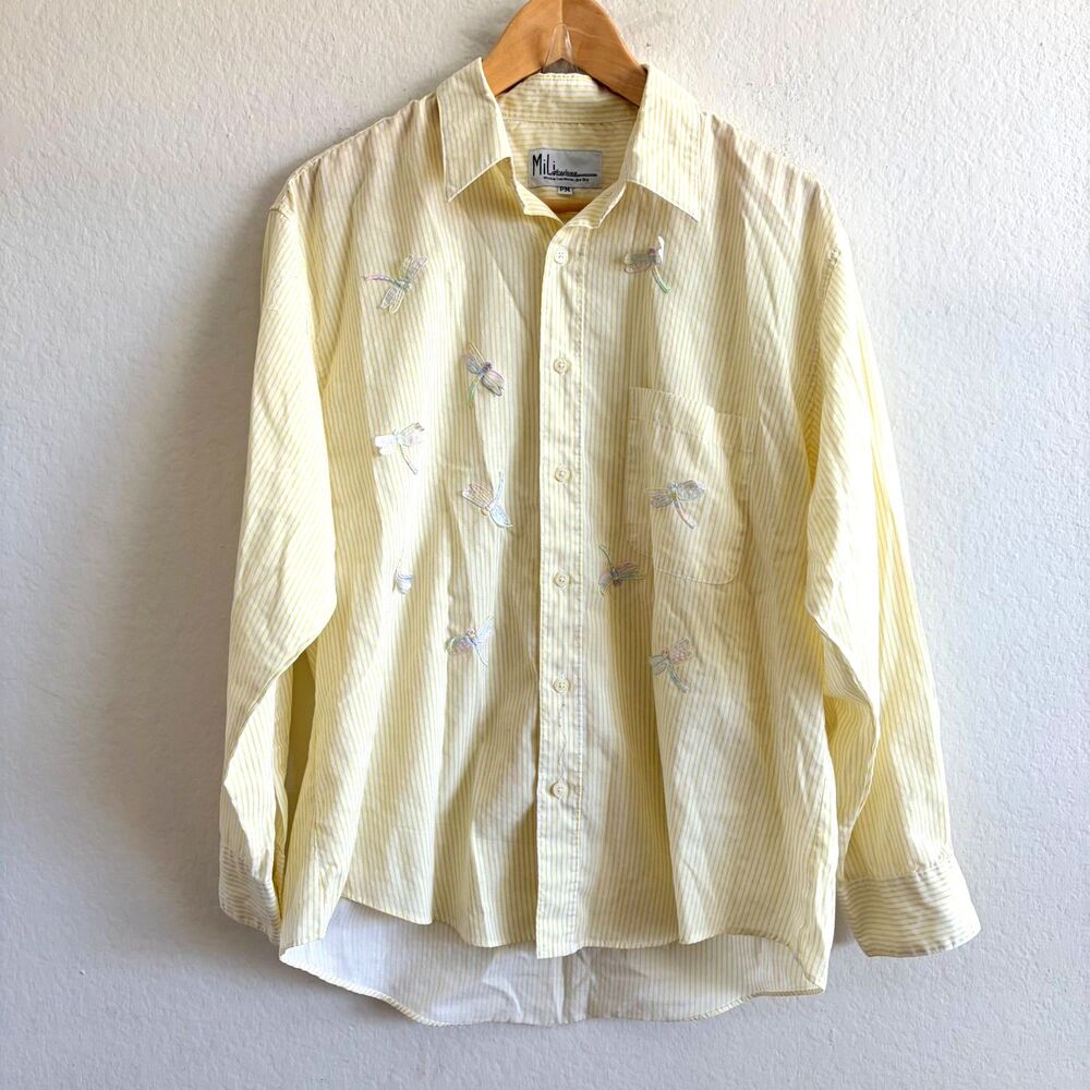 MILI DESIGNS Vintage 90s Yellow Striped Dragonfly Button Down Shirt Womens PM